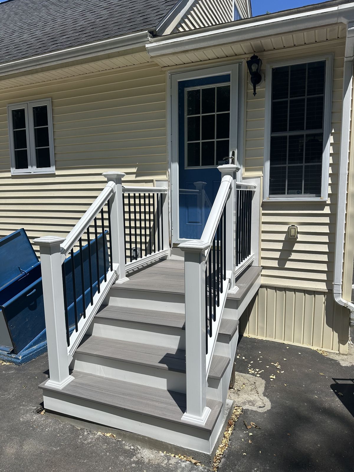 Detail of composite deck stairs with white risers